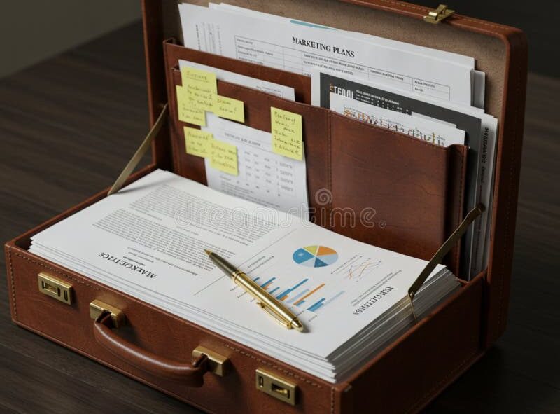 open-brown-leather-briefcase-filled-documents-folders-labeled-marketing-plans-interior-compartments-hold-papers-organized-361989387